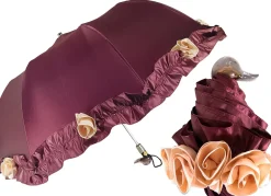 Amazing Frilly Burgundy Folding Umbrella Parasol