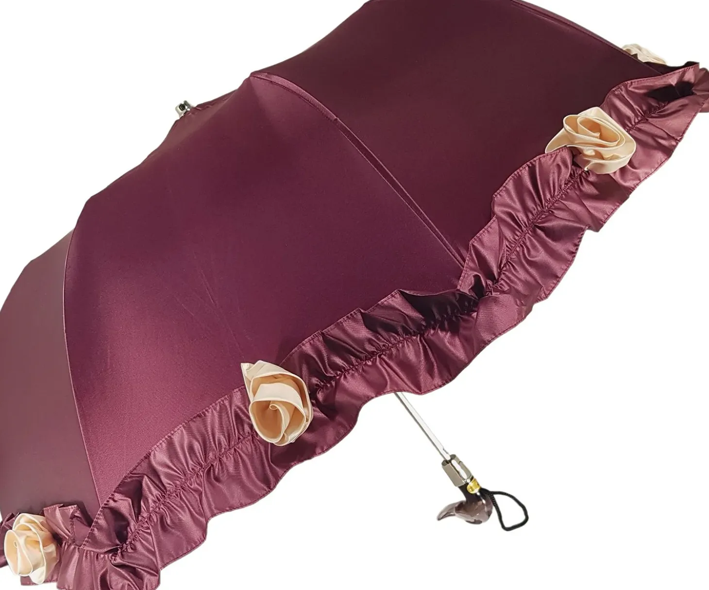 Amazing Frilly Burgundy Folding Umbrella Parasol