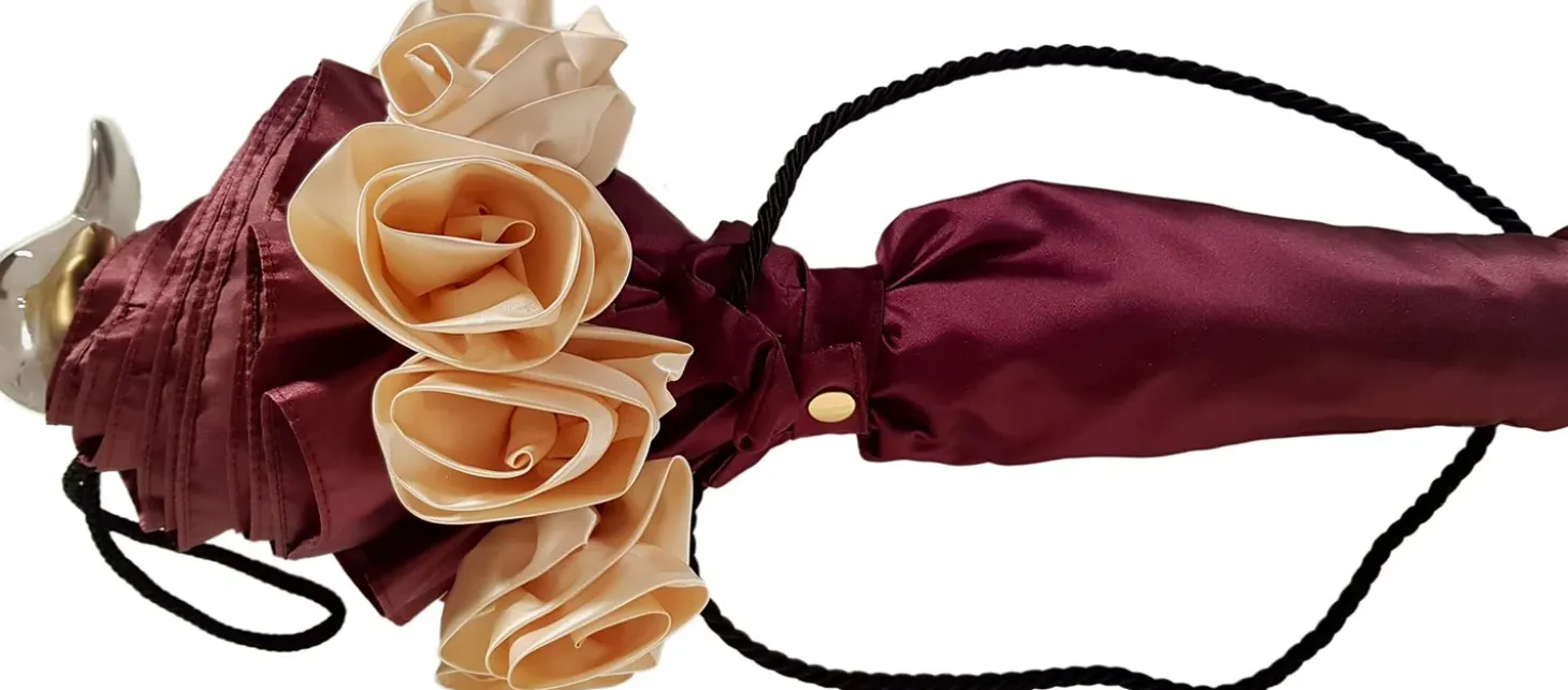 Amazing Frilly Burgundy Folding Umbrella Parasol