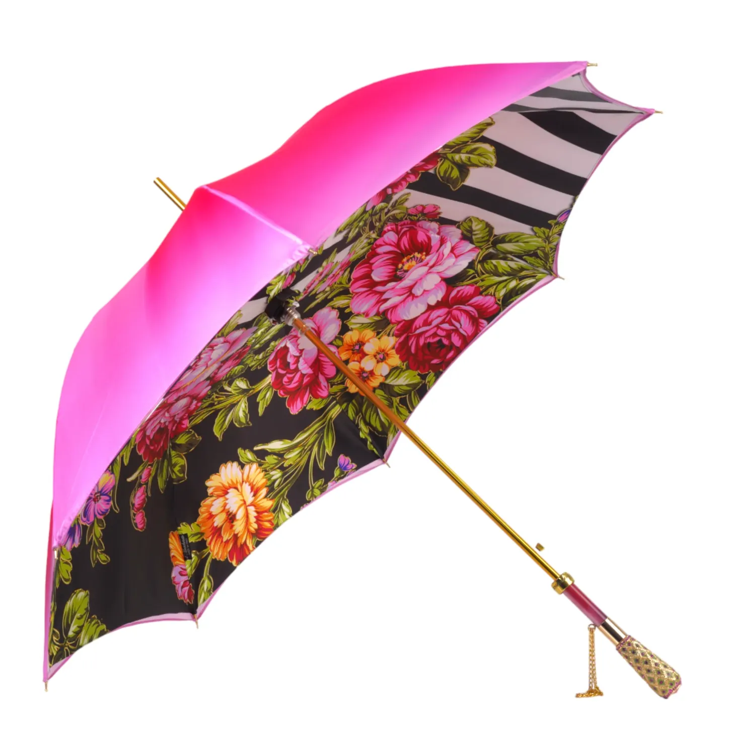 Artisan Pink Floral Umbrella with Crystal Handle & Exquisite Hand-Pain