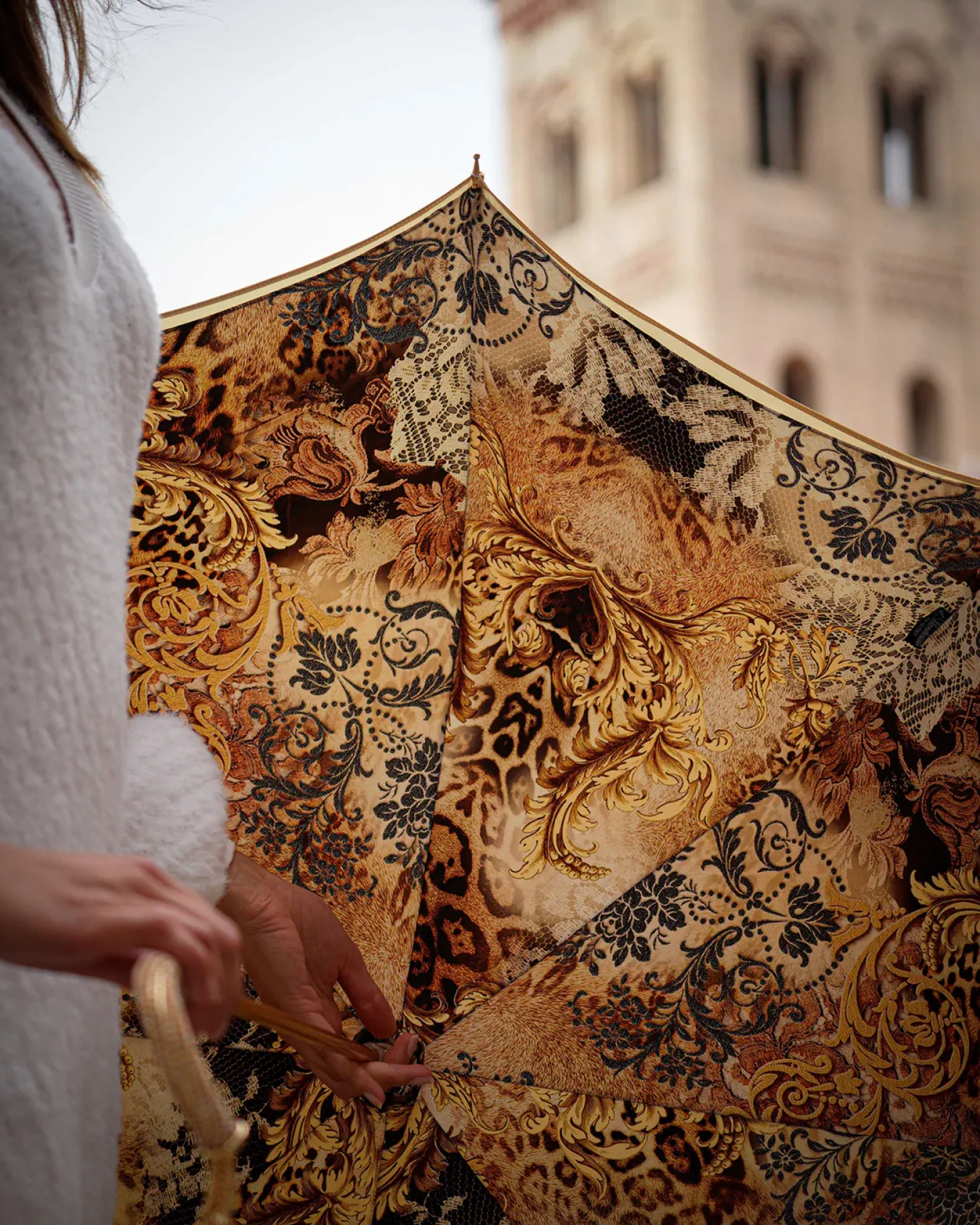 Beautiful Double Canopy Umbrella in a Luxurious Golden Satin