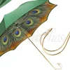 Beautiful Green Women's Umbrella with Printed Peacock Design gold plated handle