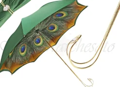 Beautiful Green Women's Umbrella with Printed Peacock Design gold plated handle