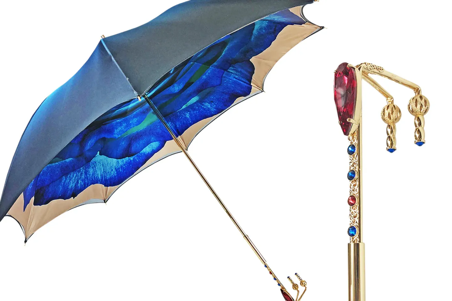 Beautiful umbrella with gold-plated handle and big red crystal