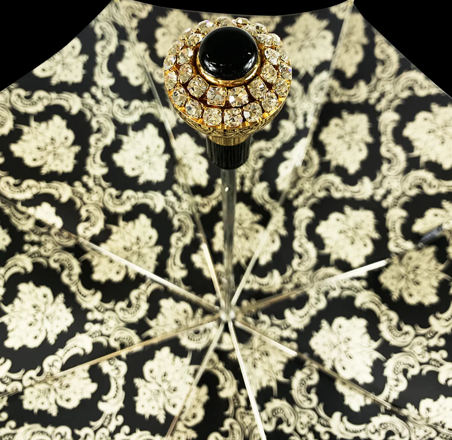 Black double canopy umbrella with damask design