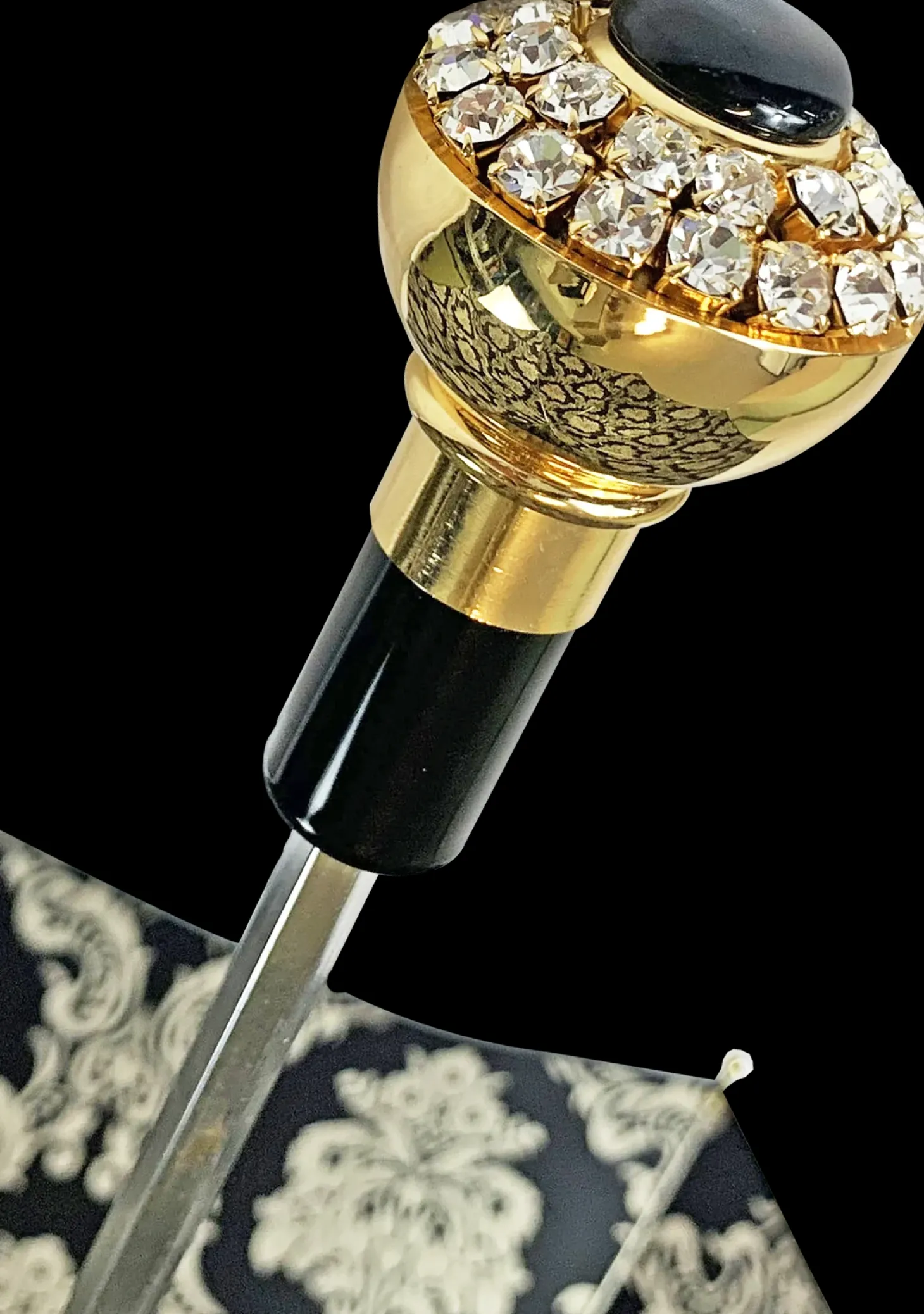 Black double canopy umbrella with damask design