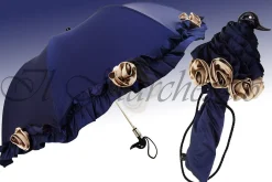 Blue Ruffled Folding Umbrella embellished with roses