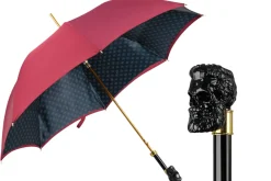 Bold Burgundy Umbrella with Artisan Skull Handle for a Unique Style