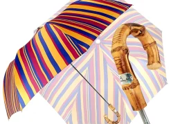 Crafted Multi-Color Striped Folding Umbrella Bamboo Handle