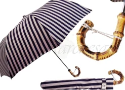 Dark Blue, & Dirty White Striped Men's Folding Umbrella - Bamboo Handl