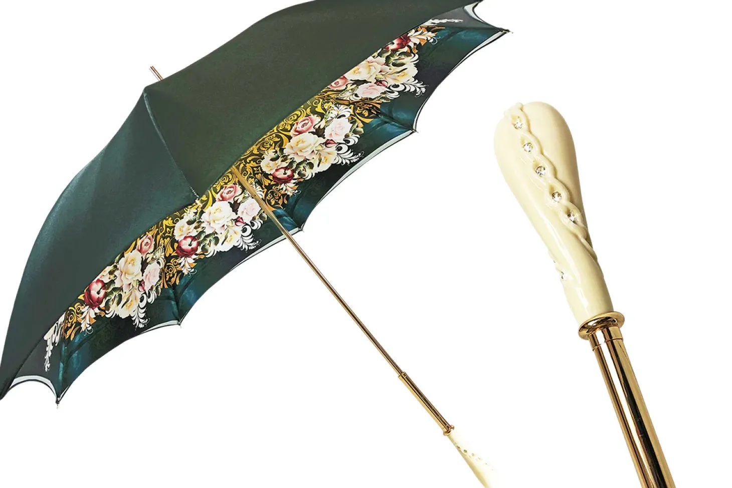 Dark green umbrella with roses and cream knob