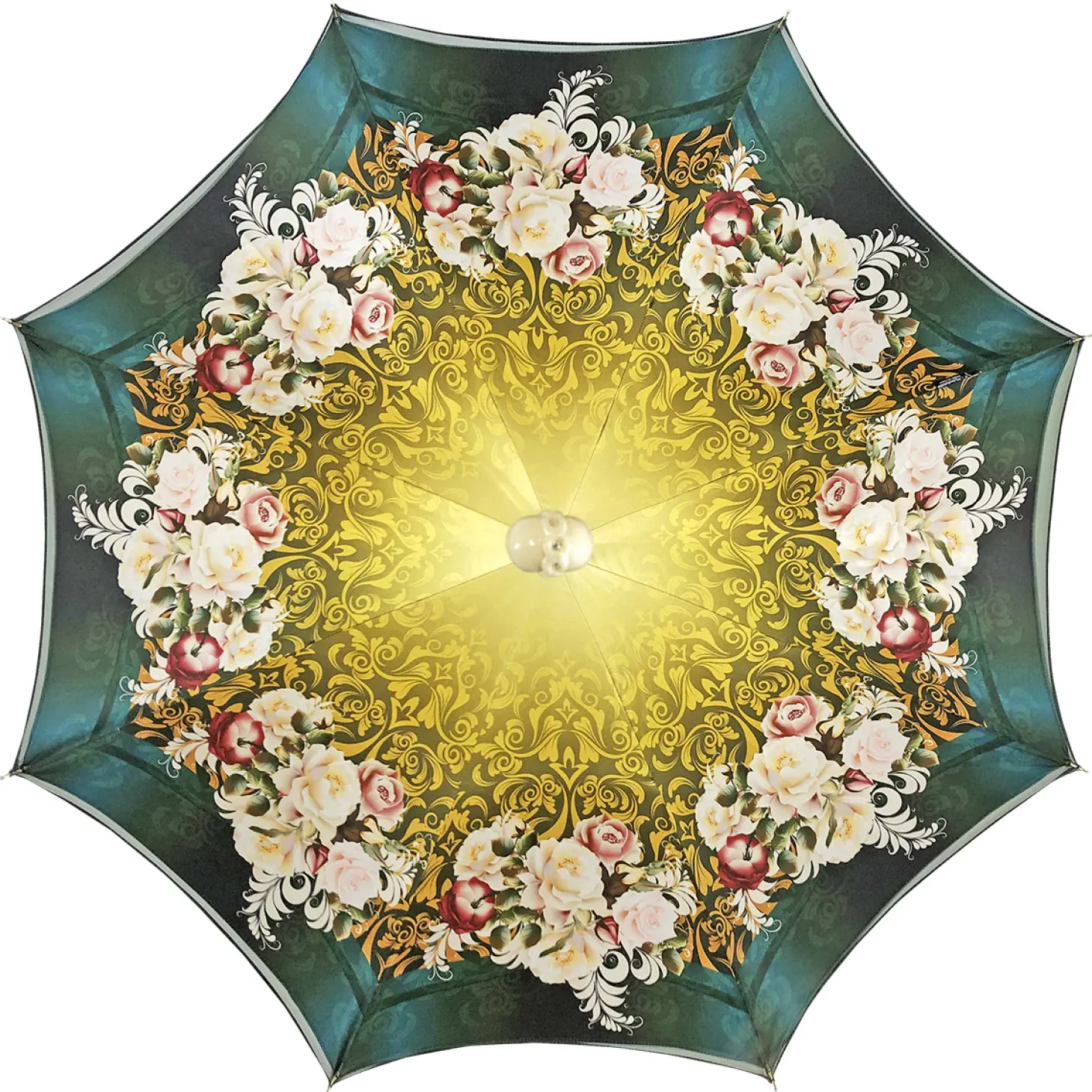 Dark green umbrella with roses and cream knob