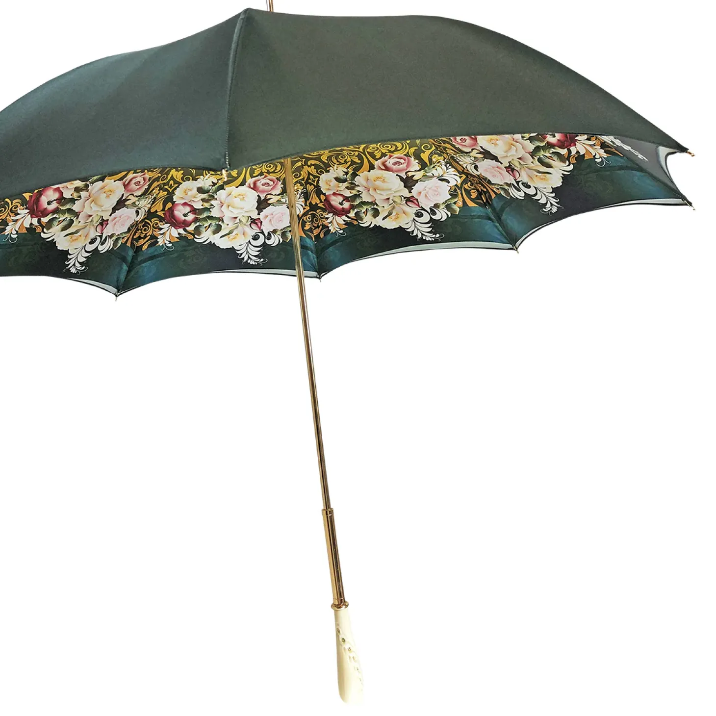 Dark green umbrella with roses and cream knob