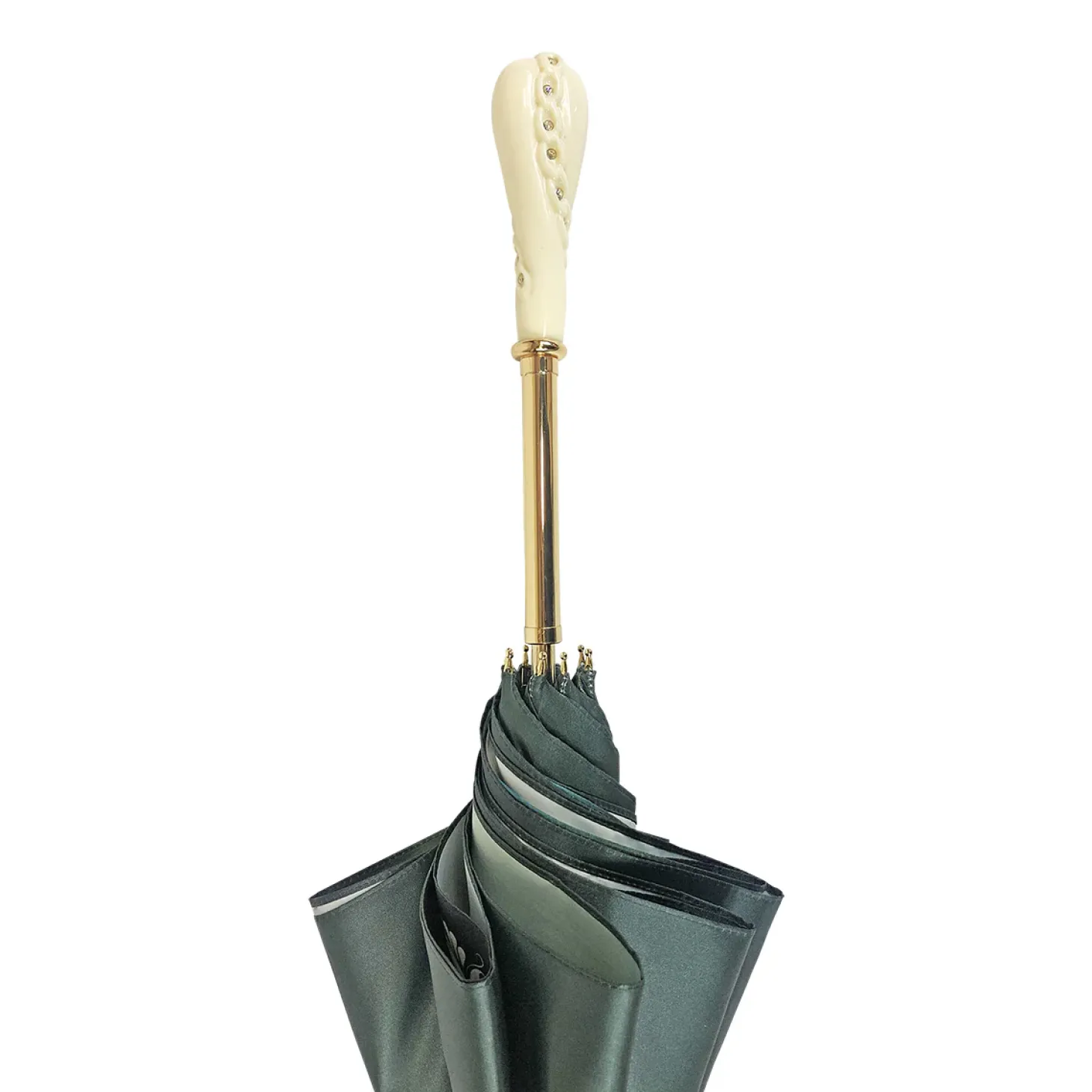 Dark green umbrella with roses and cream knob