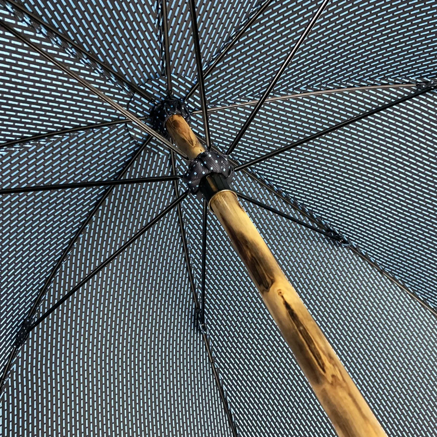 Elegant Blue umbrella with Natural Chestnut Wood hand-curved