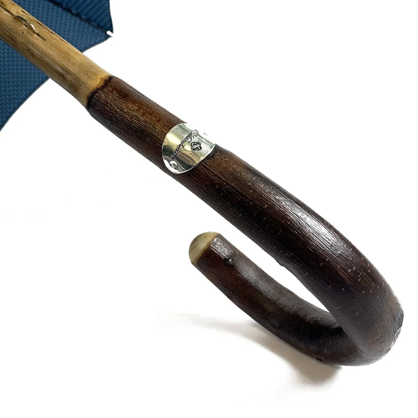 Elegant Blue umbrella with Natural Chestnut Wood hand-curved