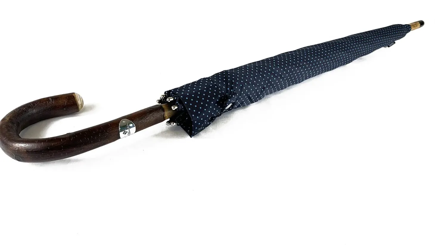 Elegant Blue umbrella with Natural Chestnut Wood hand-curved