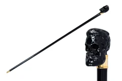 Elegant Cane with Sculpted Black Skull Handle and Gold Accents