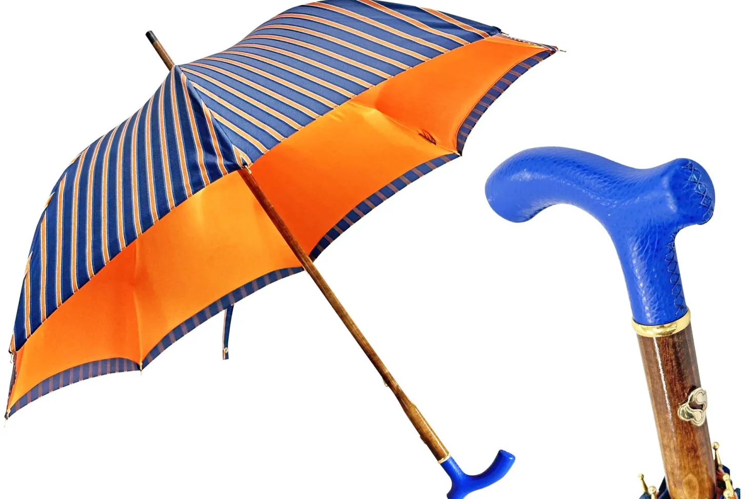 Elegant orange umbrella - handmade blue leather handle