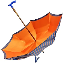 Elegant orange umbrella - handmade blue leather handle