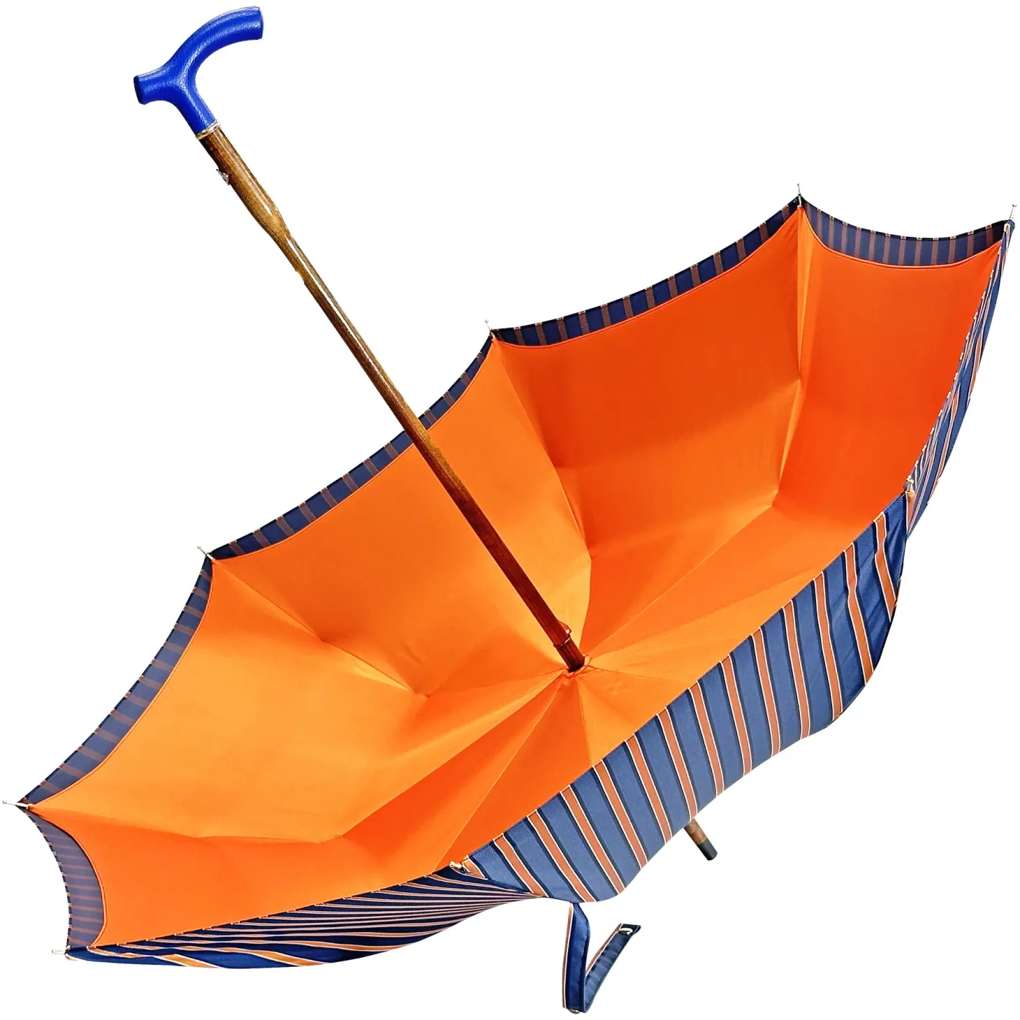 Elegant orange umbrella - handmade blue leather handle