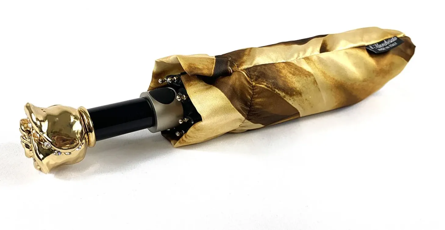 Gold And Brown Dahlia Folding Umbrella