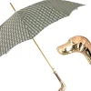 Golden Hound: Beige Patterned Umbrella with Dog Handle in Gold Finish