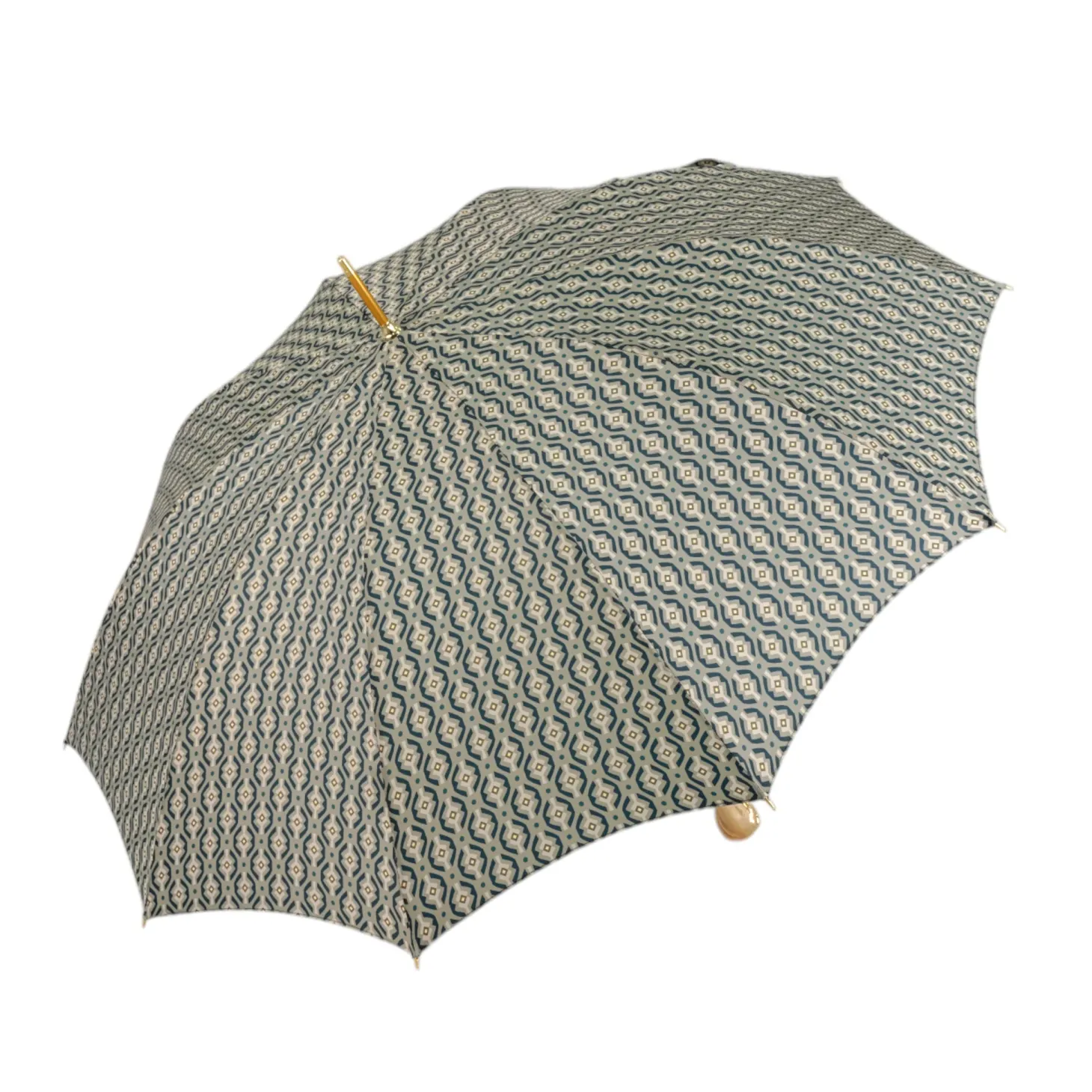 Golden Hound: Beige Patterned Umbrella with Dog Handle in Gold Finish