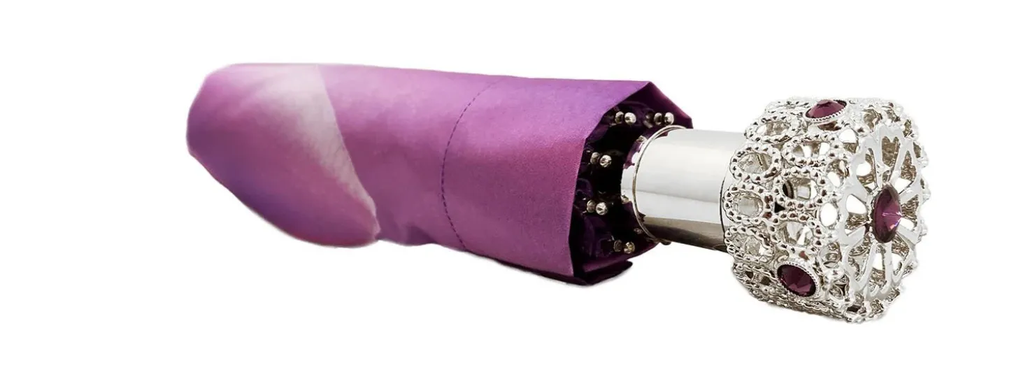 Lilac Flower Ladies Folding Umbrella with Silver-Plated Handle