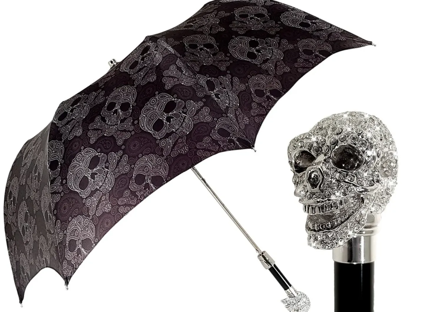 Lux Silver Swarovski Skull Folding Umbrella
