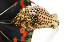 Luxury umbrella with red poppies and frog adorned with siam crystals
