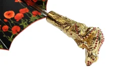 Luxury umbrella with red poppies and frog adorned with siam crystals