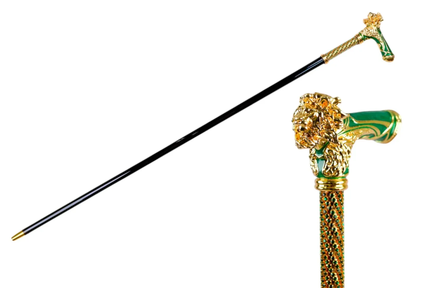 Majestic Gold Lion Handle Walking Cane – Green Enamel Finish