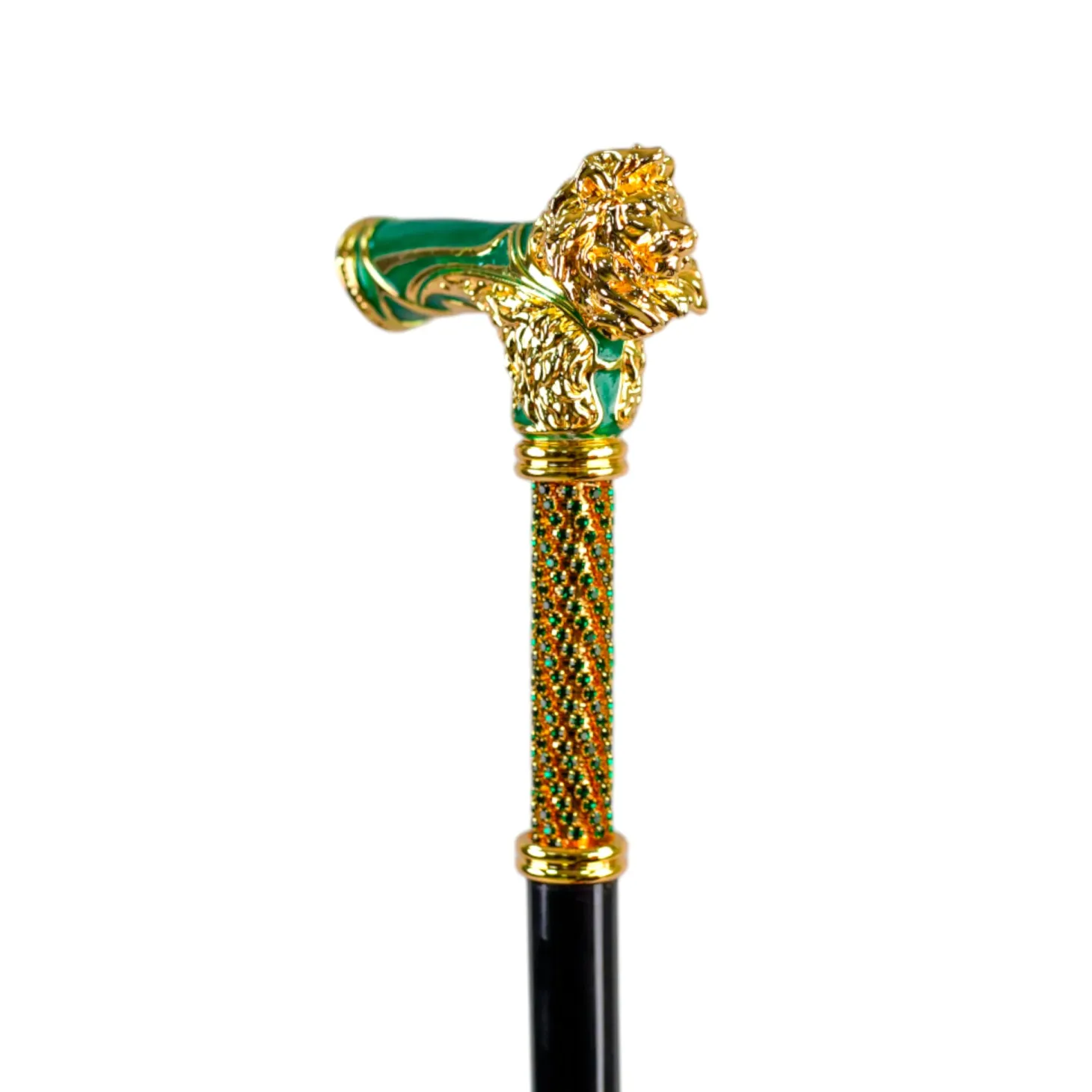Majestic Gold Lion Handle Walking Cane – Green Enamel Finish