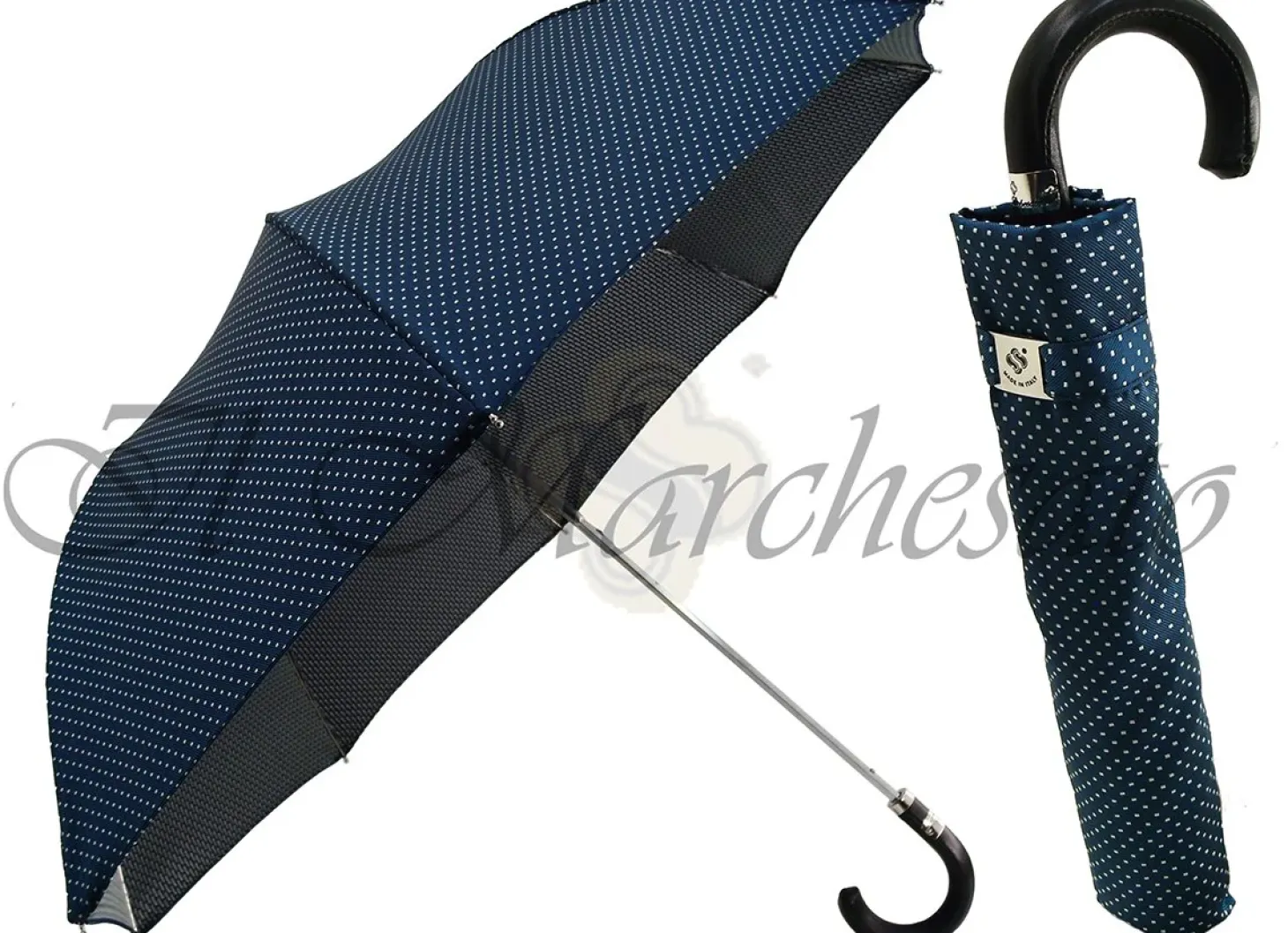 Polka Dot Men's Folding Umbrella - Black Leather Handle