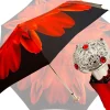 Red Flower Women's Folding Umbrella with Silver-Plated Handle