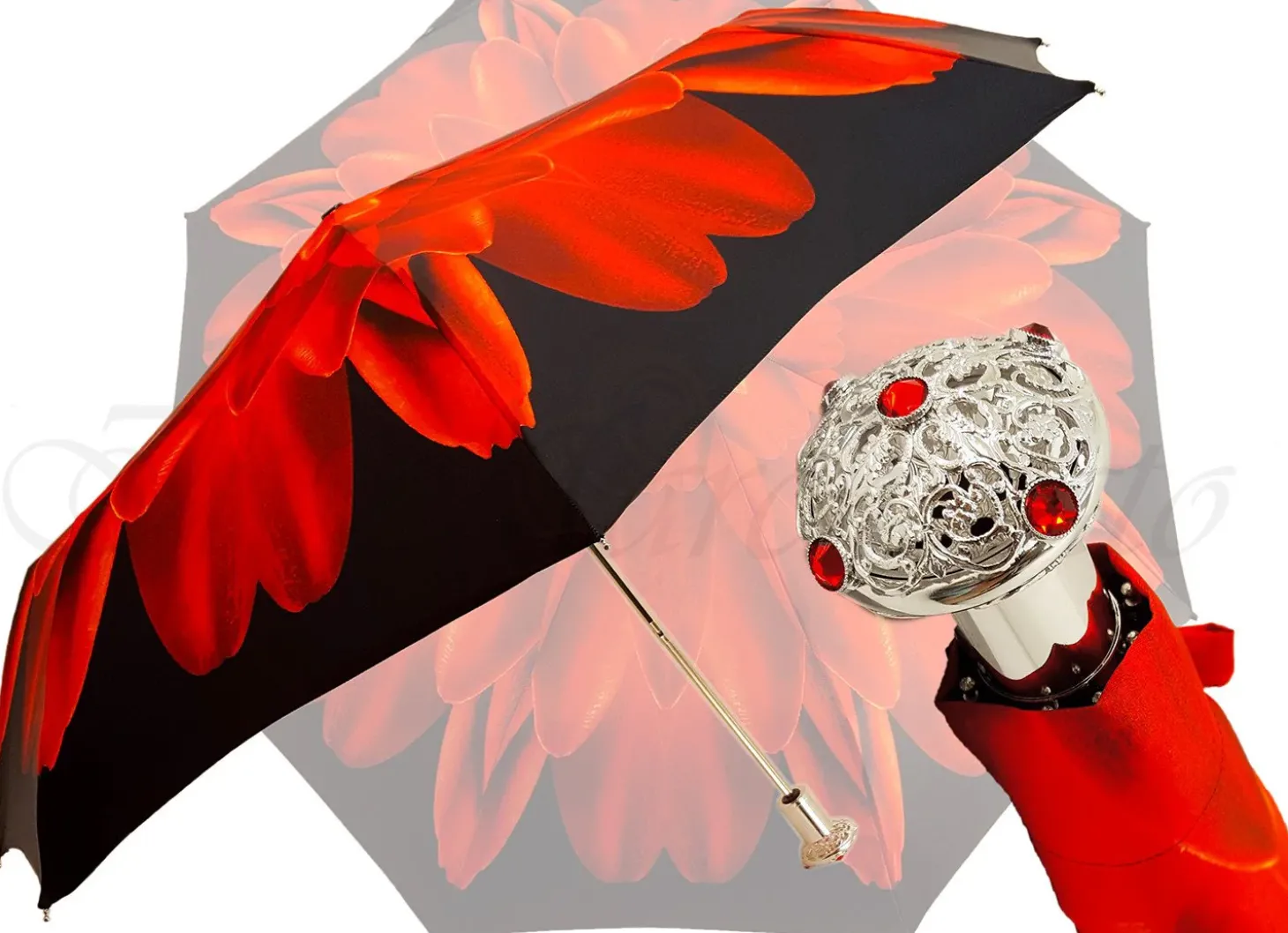 Red Flower Women's Folding Umbrella with Silver-Plated Handle