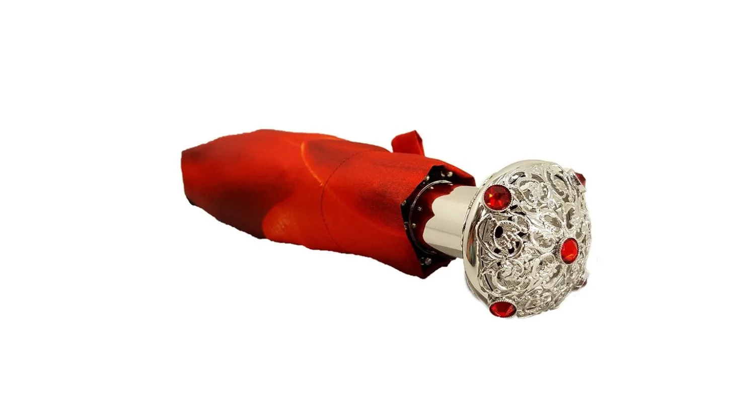 Red Flower Women's Folding Umbrella with Silver-Plated Handle