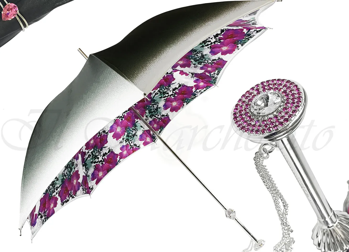 Silvered Umbrella with Anemones and Fuchsia Crystals