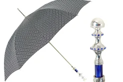 Stylish Grey & Blue Jacquard Umbrella - Silverplated handle