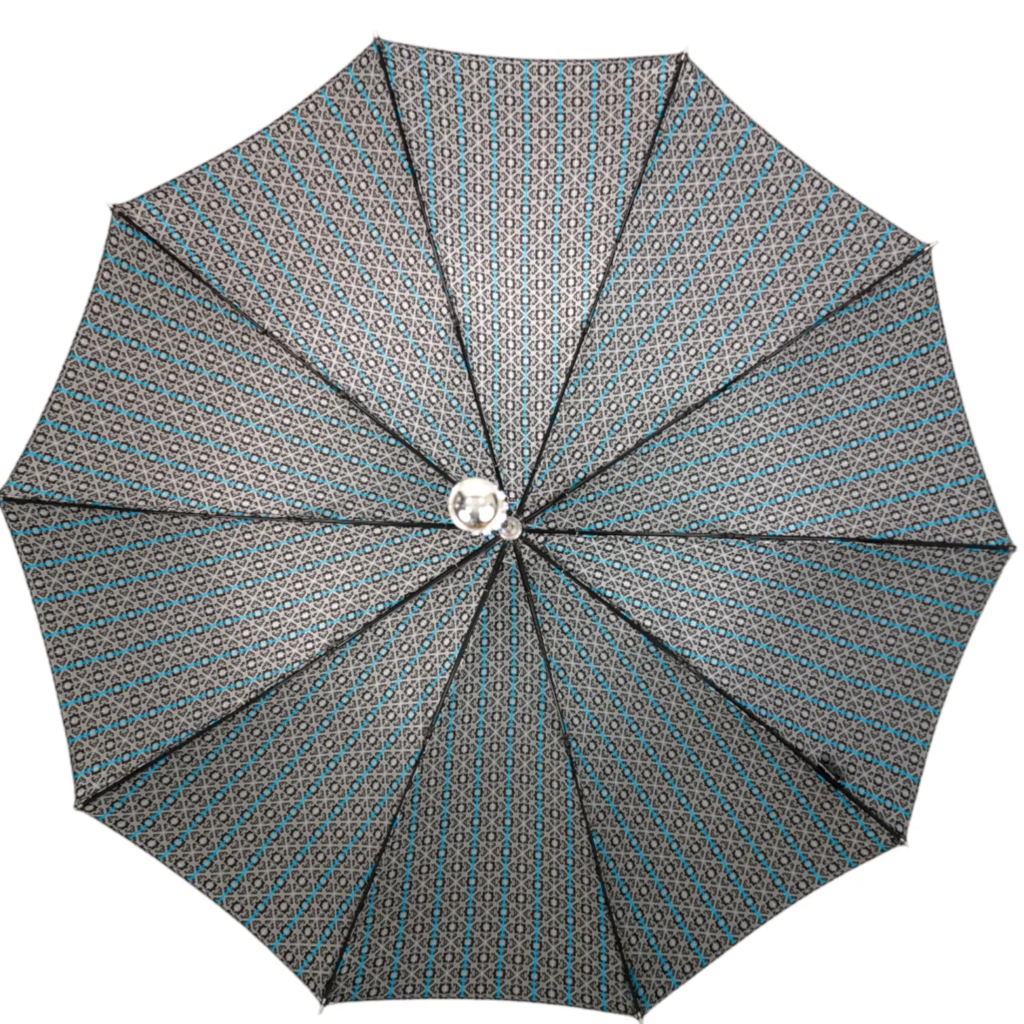 Stylish Grey & Blue Jacquard Umbrella - Silverplated handle