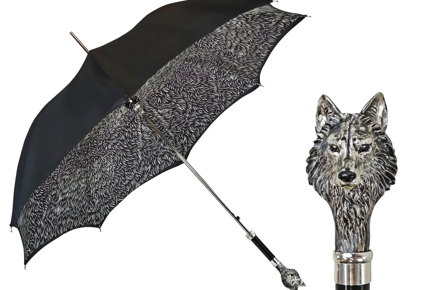Stylish umbrell - Silverplated 925 Wolf with fur design