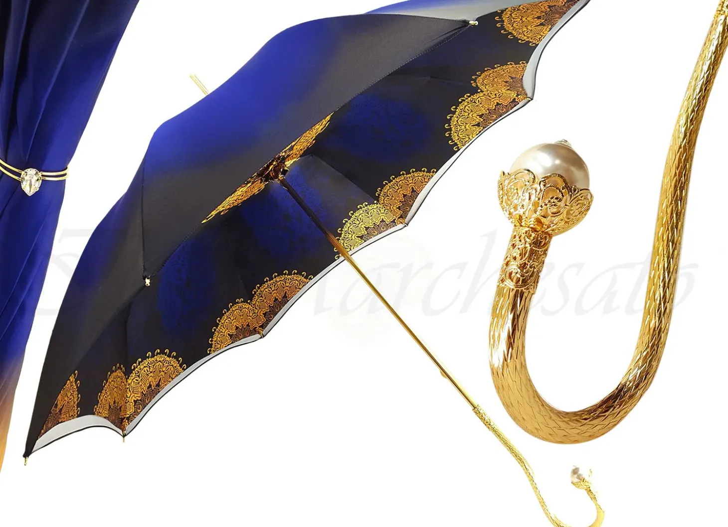 Superb Double Canopy Umbrella Finished in a Luxurious Blue Satin Polye