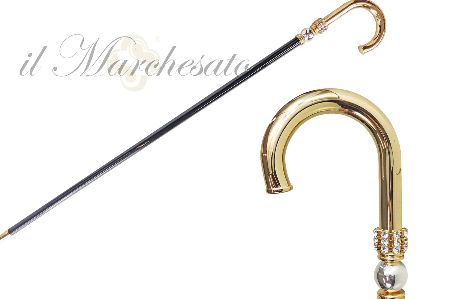 Walking stick for man in brass - 24K goldplated with Silverplated sphe