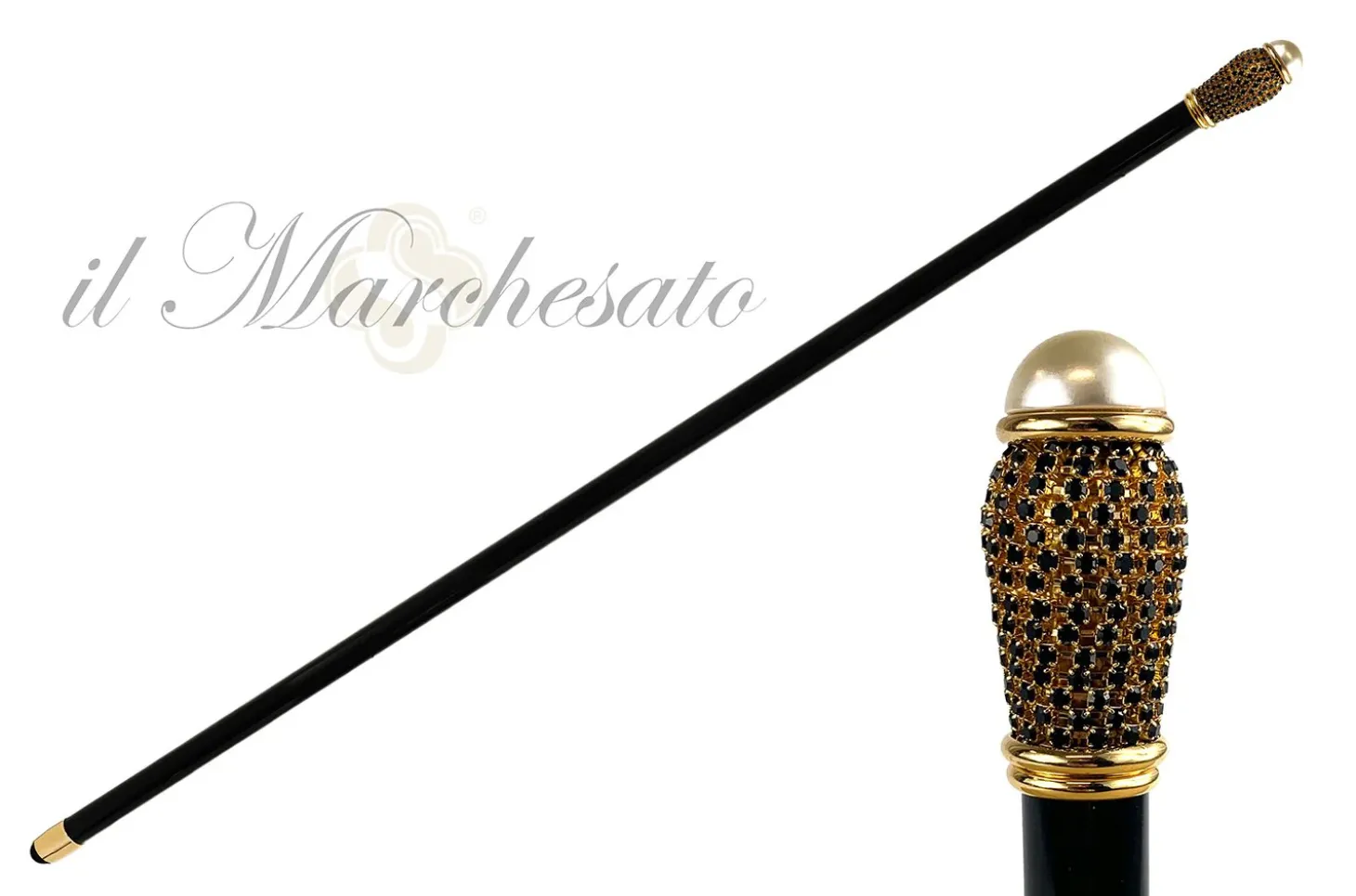 Walking Stick With Pearl and Black Rhinestones