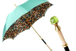 Wild Elegance: Teal Umbrella with Leopard Print and Green Crystal Hand